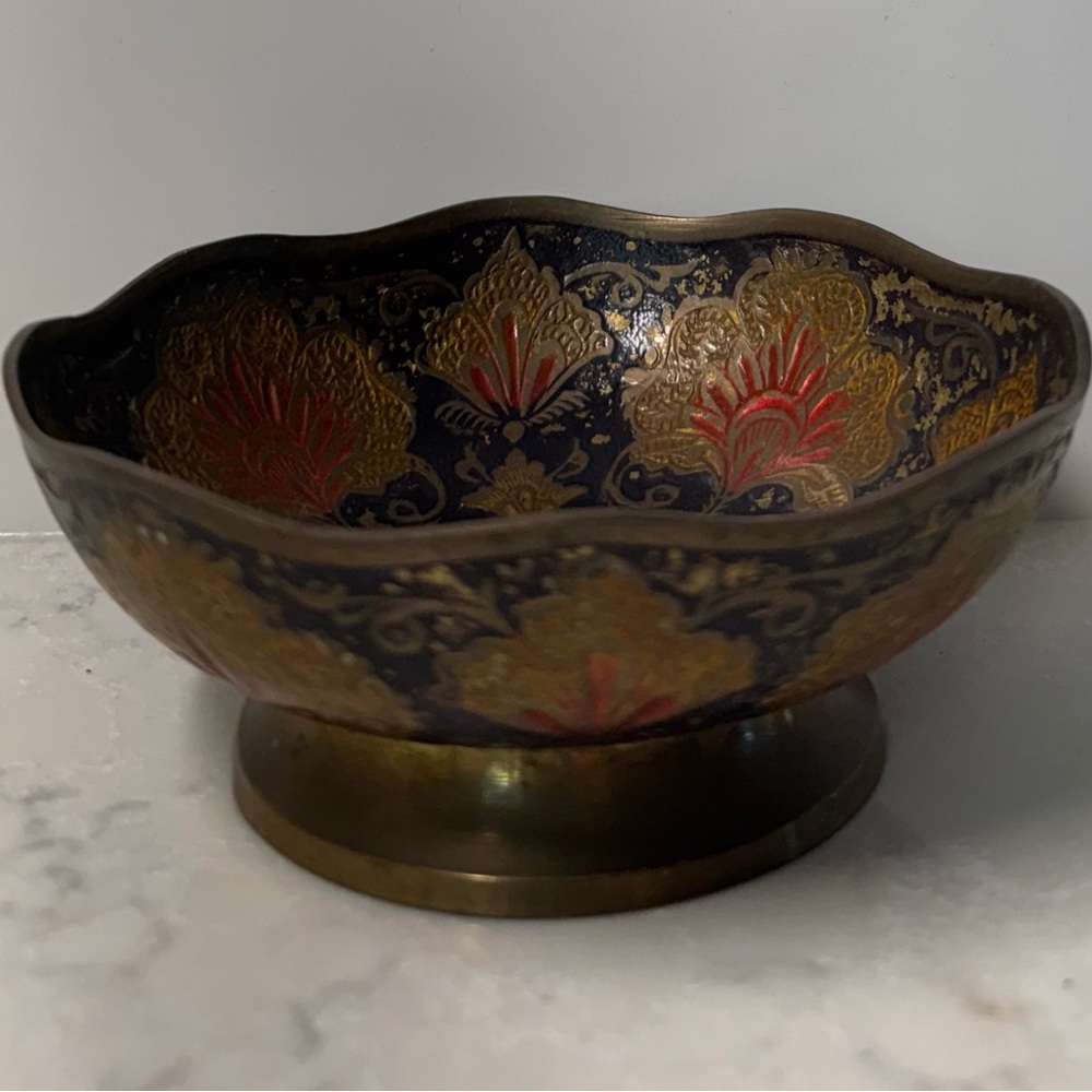 Decorative Brass Pedestal Bowl in Black, Gold and Red